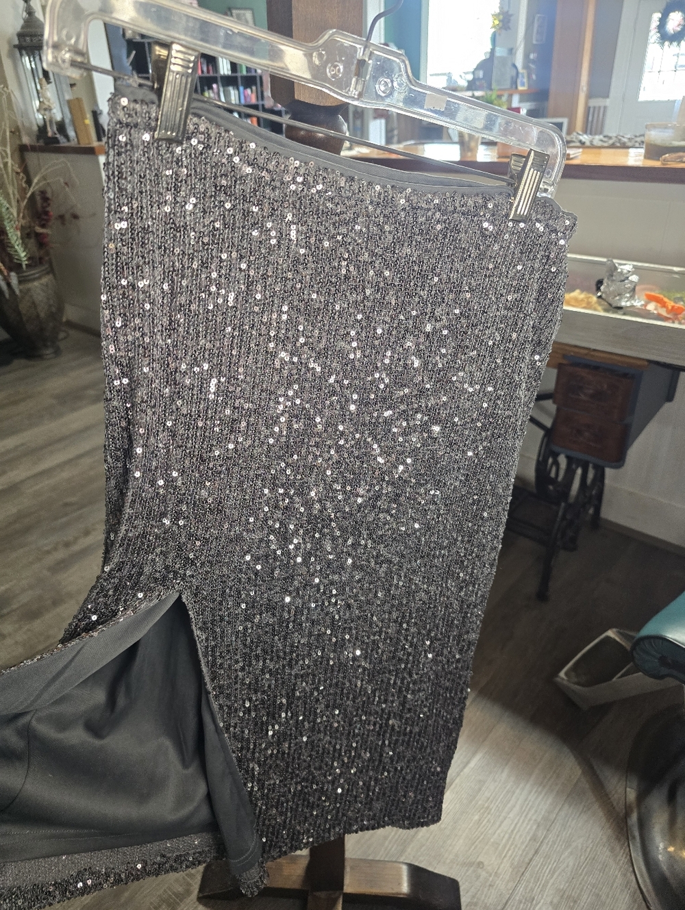 Black Sequin Ribbed Midi Skirt